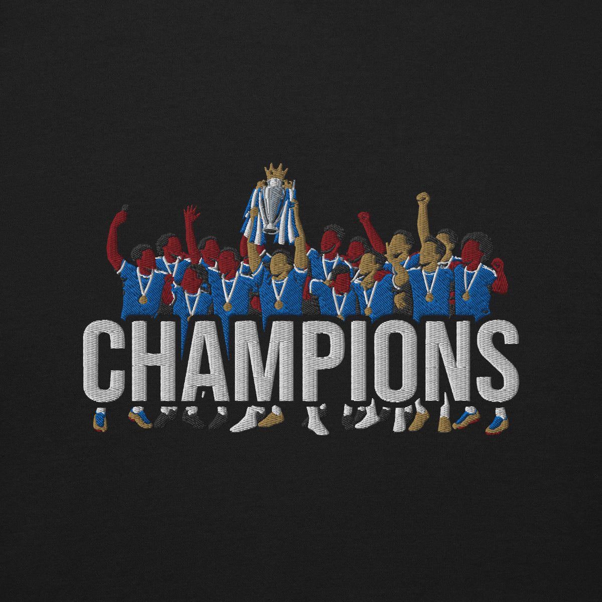 Chelsea-inspired black sweatshirt with trophy-lift embroidery and CHAMPIONS lettering