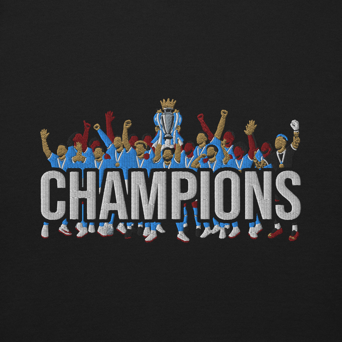 Manchester City-inspired black sweatshirt with trophy-lift embroidery and CHAMPIONS lettering