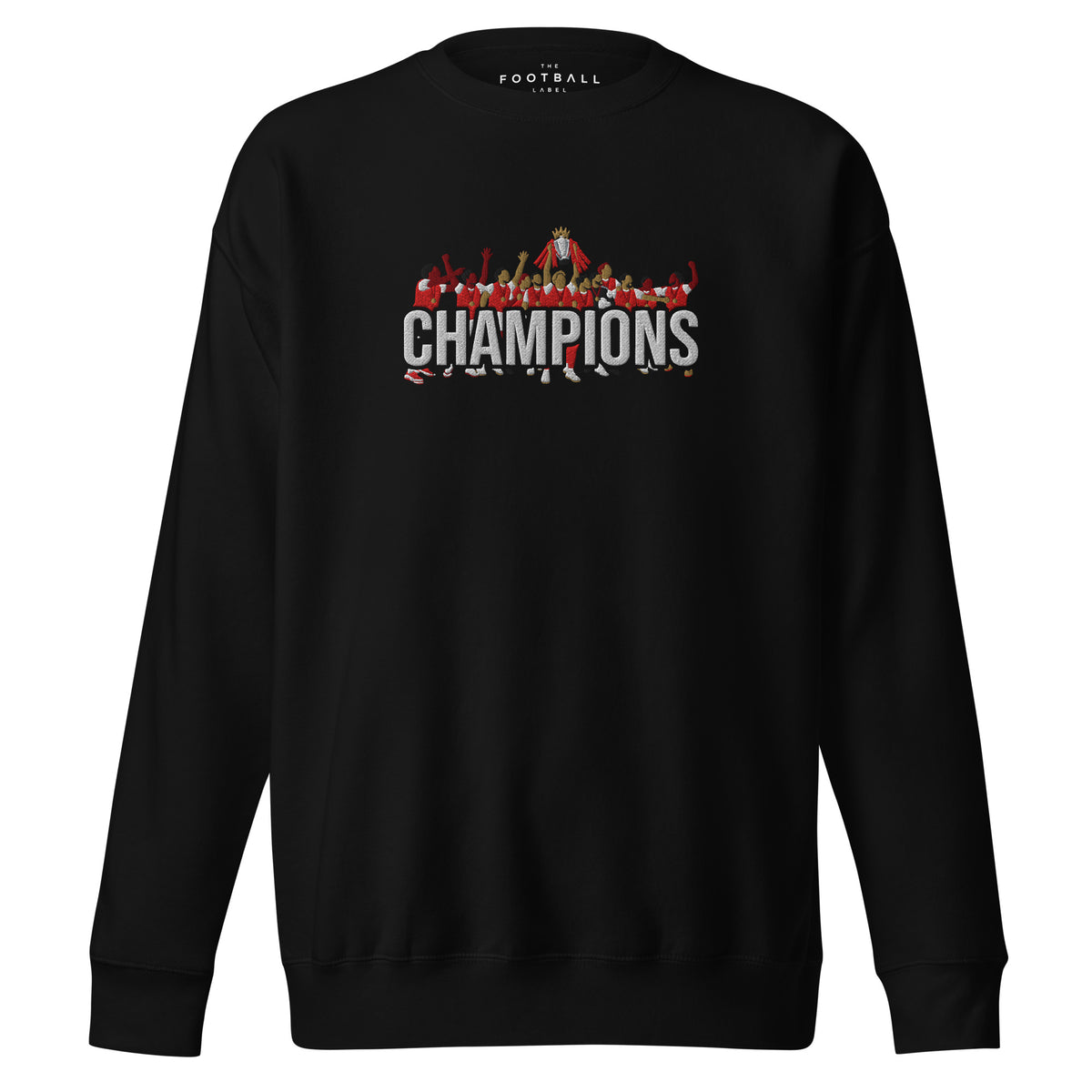 Arsenal-inspired black sweatshirt with trophy-lift embroidery and CHAMPIONS lettering