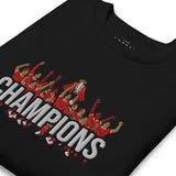 Folded angled view of Liverpool-inspired black sweatshirt with trophy-lift embroidery and CHAMPIONS lettering