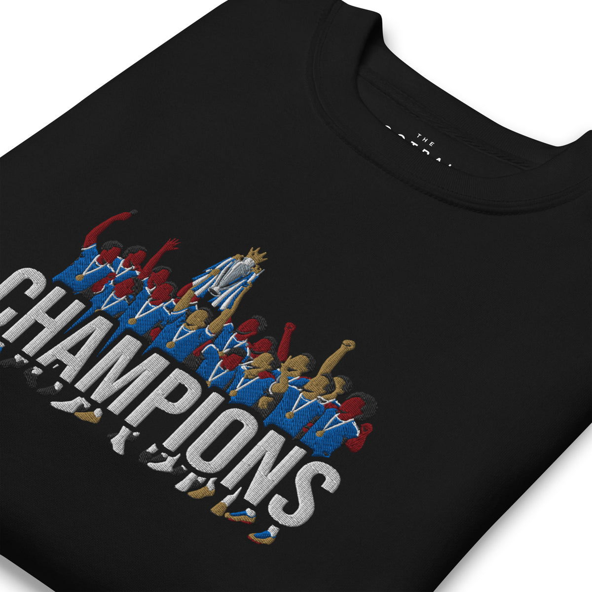 Chelsea-inspired black sweatshirt with trophy-lift embroidery and CHAMPIONS lettering