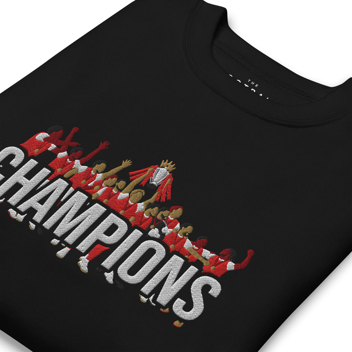 Arsenal-inspired black sweatshirt with trophy-lift embroidery and CHAMPIONS lettering