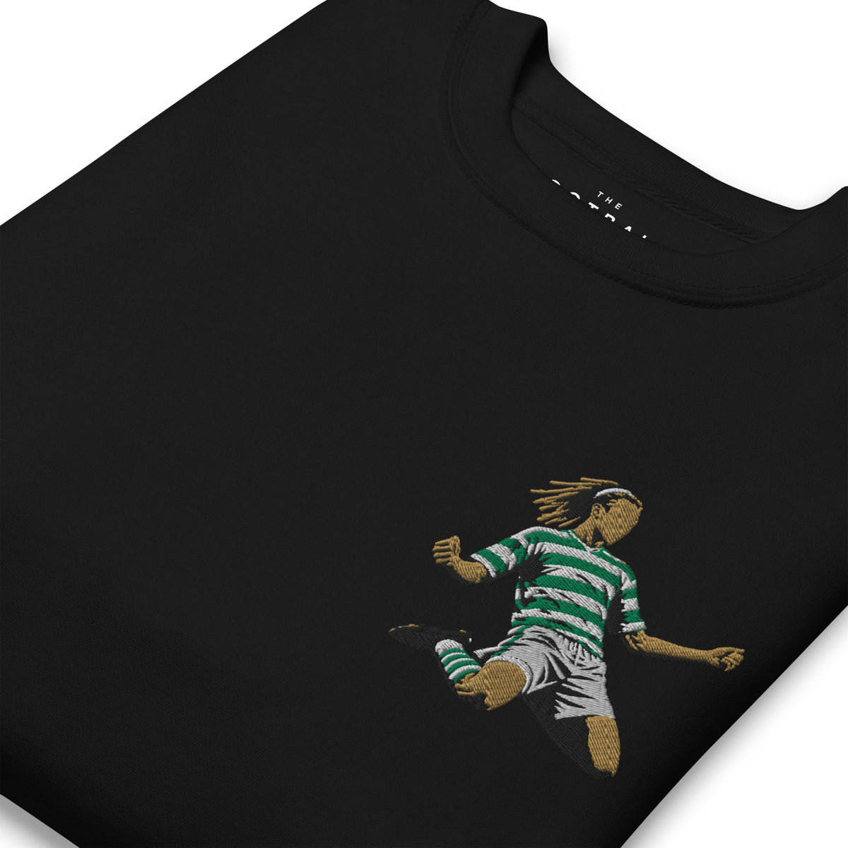 Henrik Larsson inspired Celtic embroidered football sweatshirt in black, close-up embroidery detail