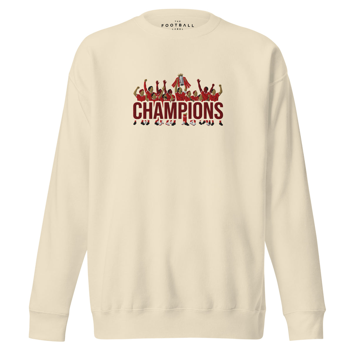 Liverpool-inspired bone sweatshirt with trophy-lift embroidery and CHAMPIONS lettering