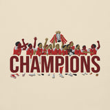 Embroidery close-up of Arsenal-inspired bone sweatshirt with trophy-lift embroidery and CHAMPIONS lettering