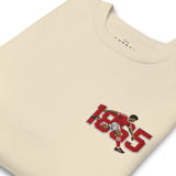 Close-up of Nottingham 1865 retro embroidery on bone sweatshirt