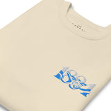 Close-up of Manchester 1894 Worker Bee embroidery on bone sweatshirt