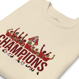 Liverpool-inspired bone sweatshirt with trophy-lift embroidery and CHAMPIONS lettering