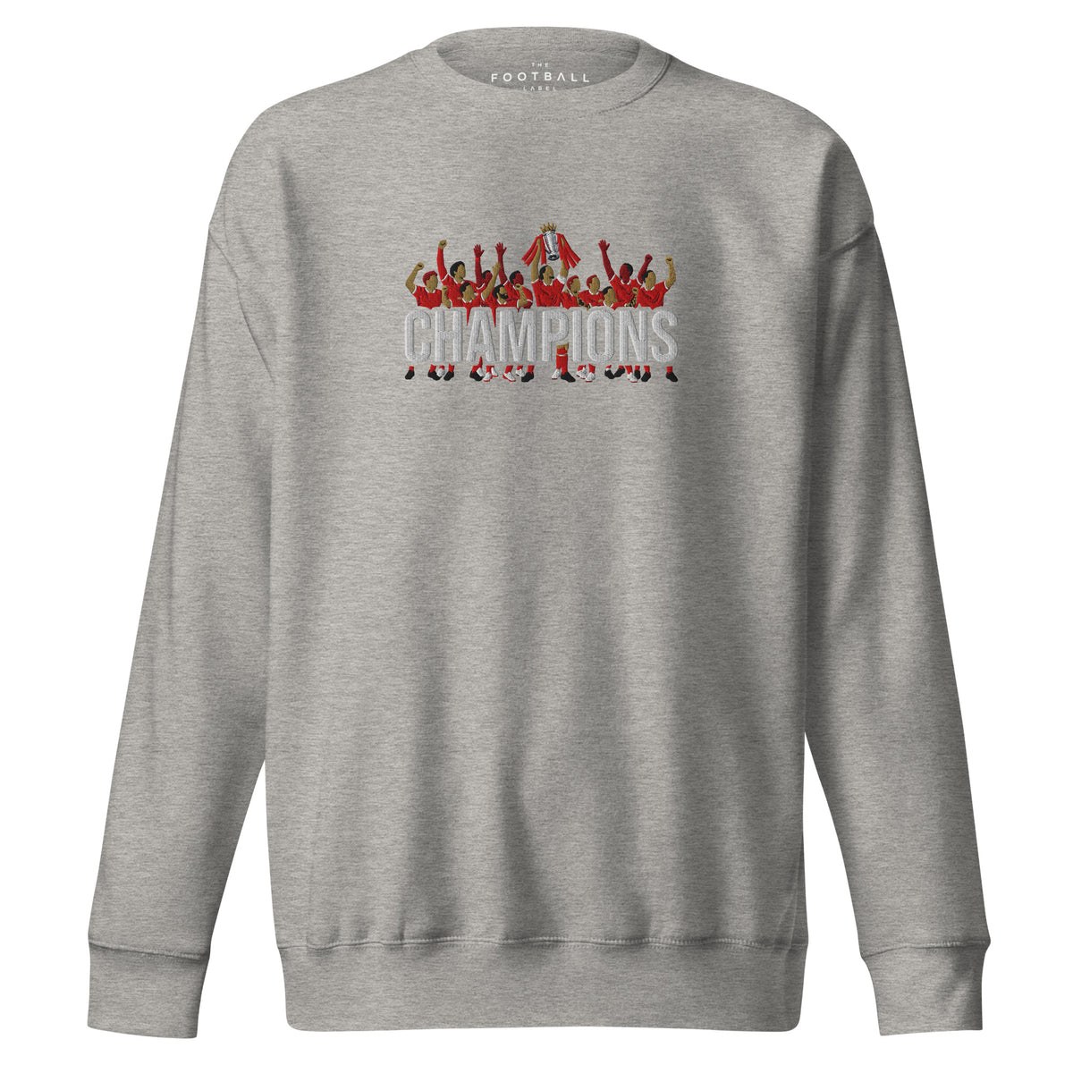 Liverpool-inspired carbon grey sweatshirt with trophy-lift embroidery and CHAMPIONS lettering