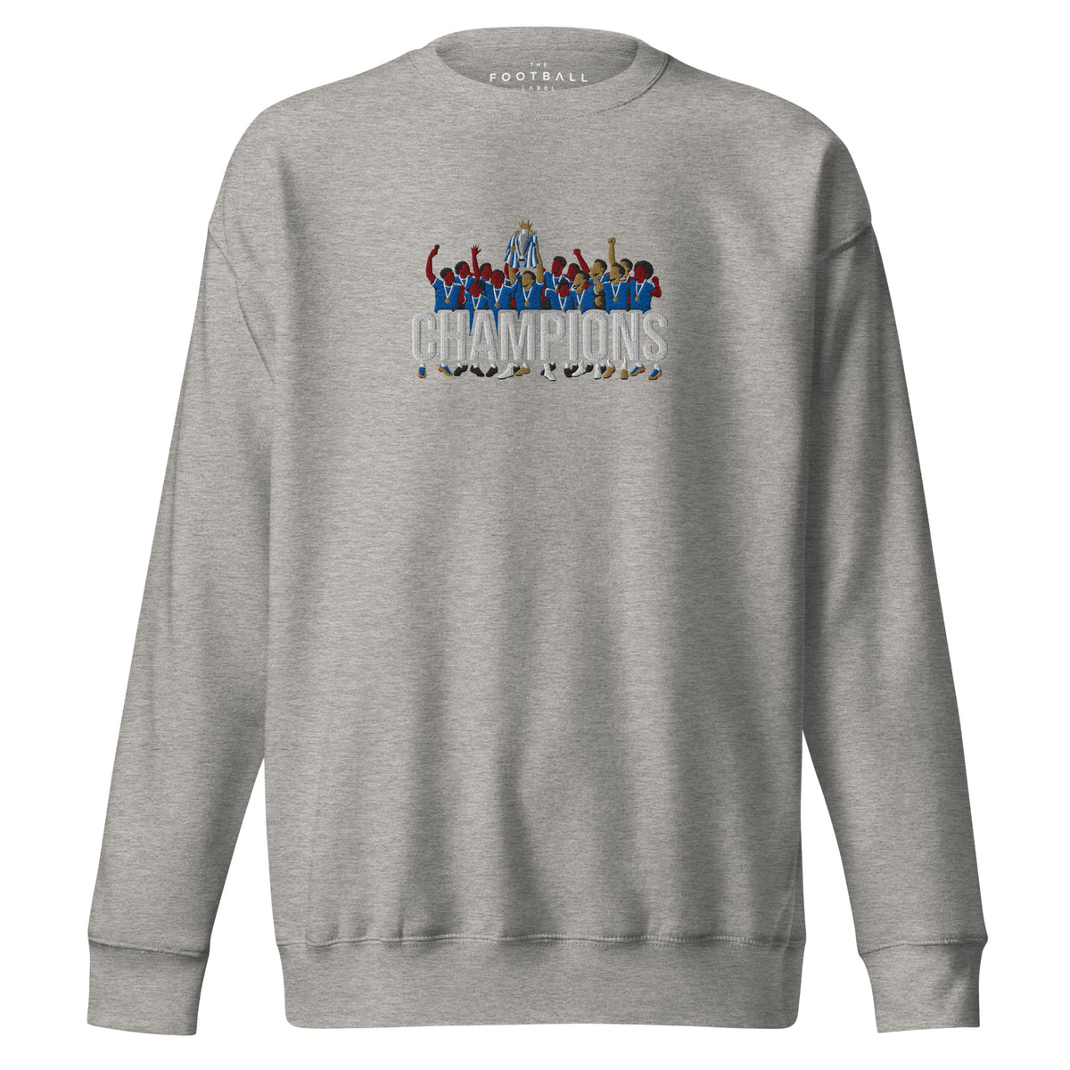Chelsea-inspired carbon grey sweatshirt with trophy-lift embroidery and CHAMPIONS lettering