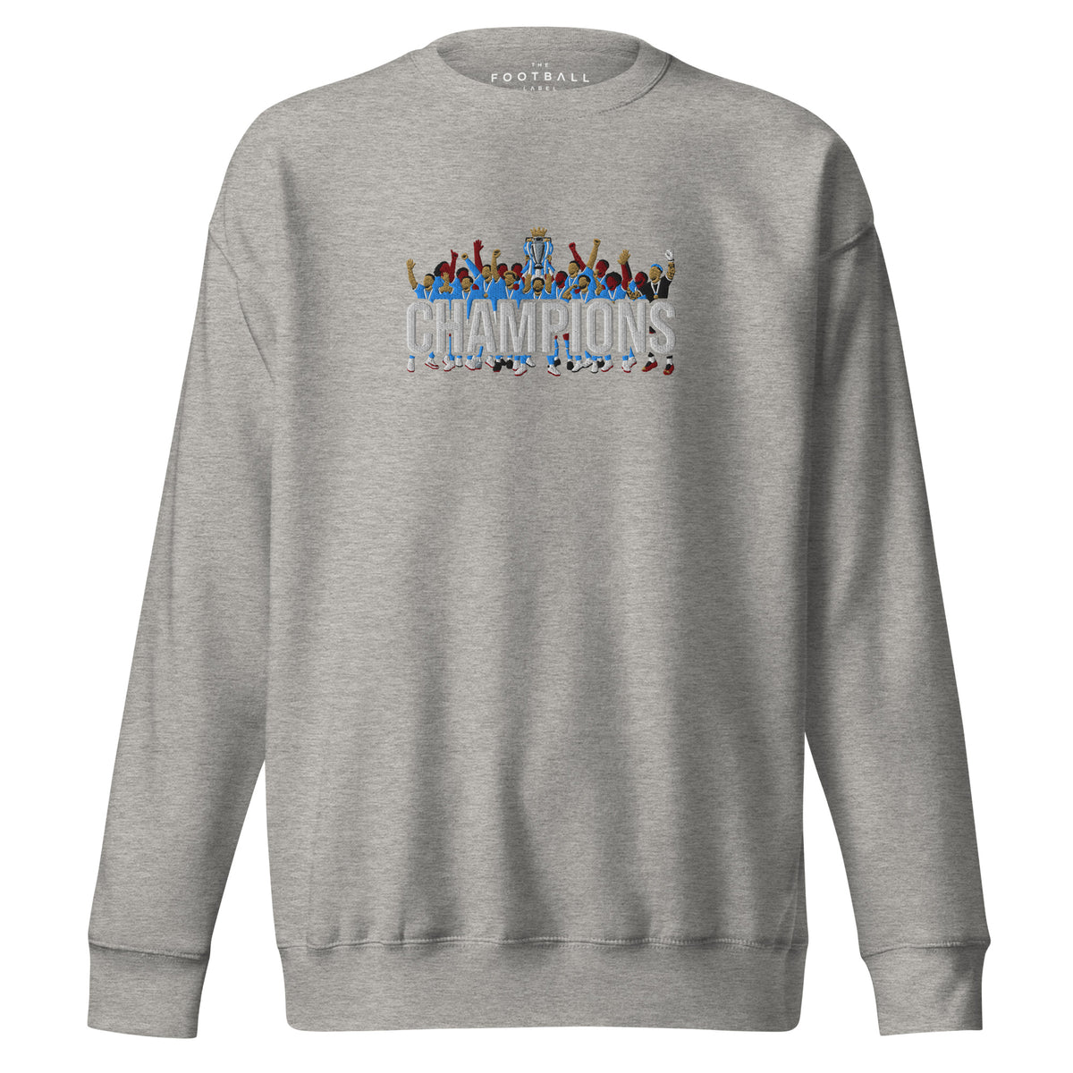 Manchester City-inspired carbon grey sweatshirt with trophy-lift embroidery and CHAMPIONS lettering