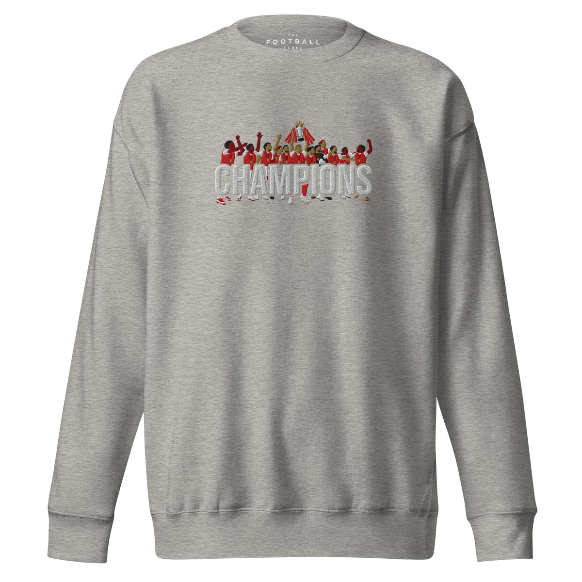 Arsenal-inspired carbon grey sweatshirt with trophy-lift embroidery and CHAMPIONS lettering