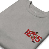 Close-up of Nottingham 1865 retro embroidery on carbon grey sweatshirt