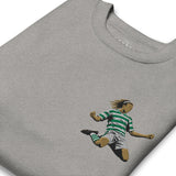 Henrik Larsson inspired Celtic embroidered football sweatshirt in carbon grey, close-up embroidery detail