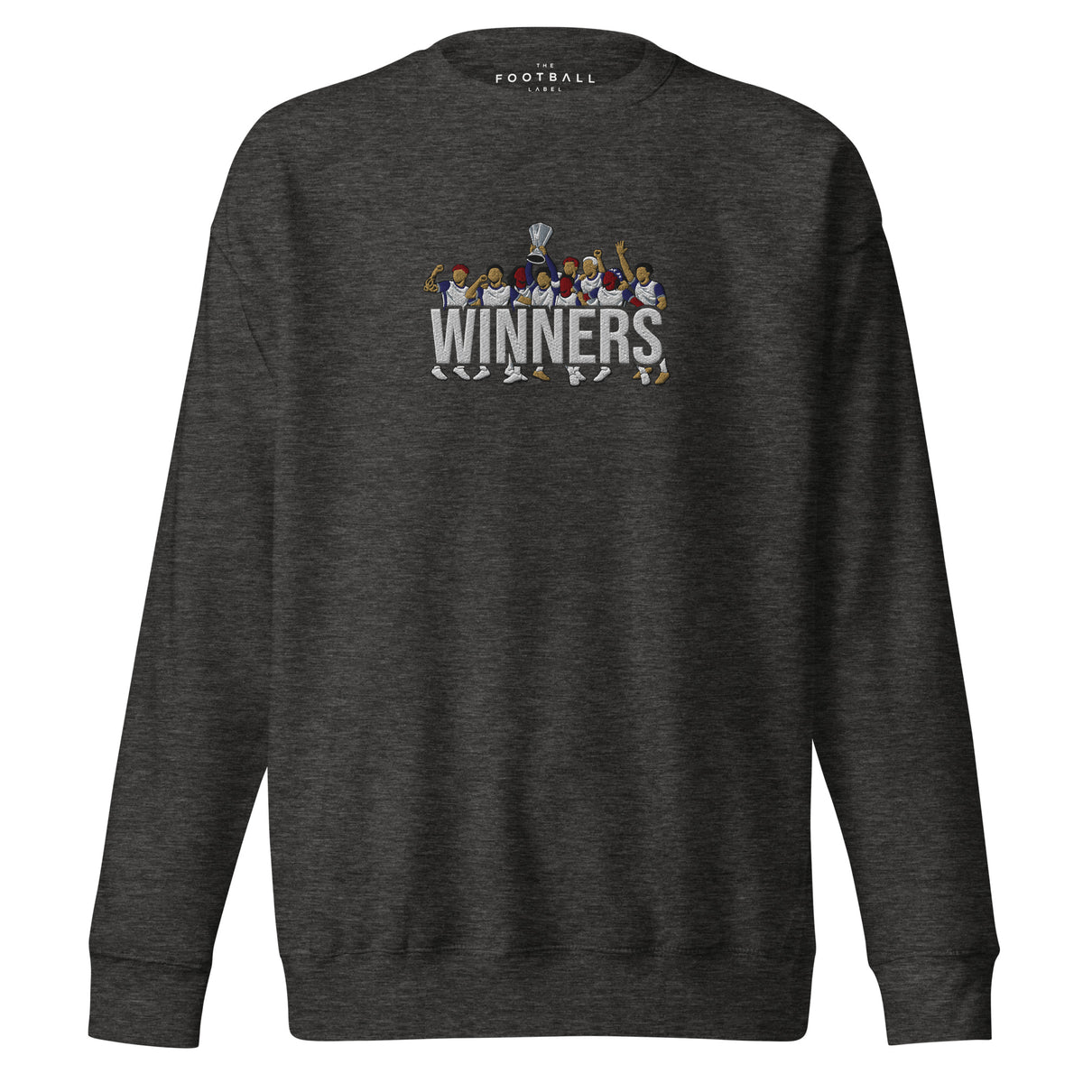 Tottenham Hotspur-inspired charcoal heather sweatshirt with trophy-lift embroidery and WINNERS lettering