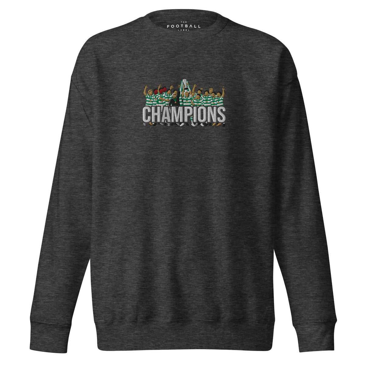 Celtic-inspired charcoal heather sweatshirt with trophy-lift embroidery and CHAMPIONS lettering
