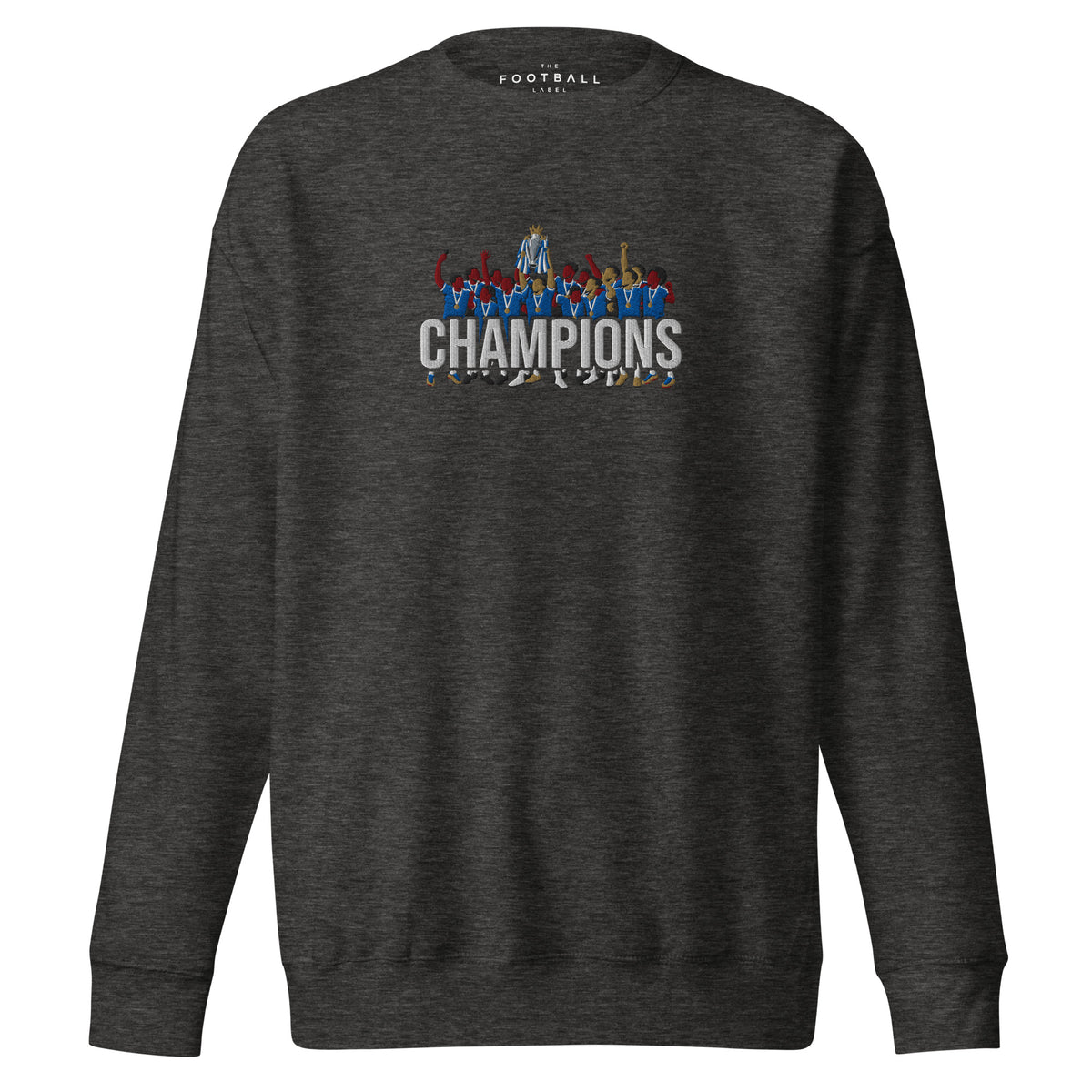 Chelsea-inspired charcoal heather sweatshirt with trophy-lift embroidery and CHAMPIONS lettering