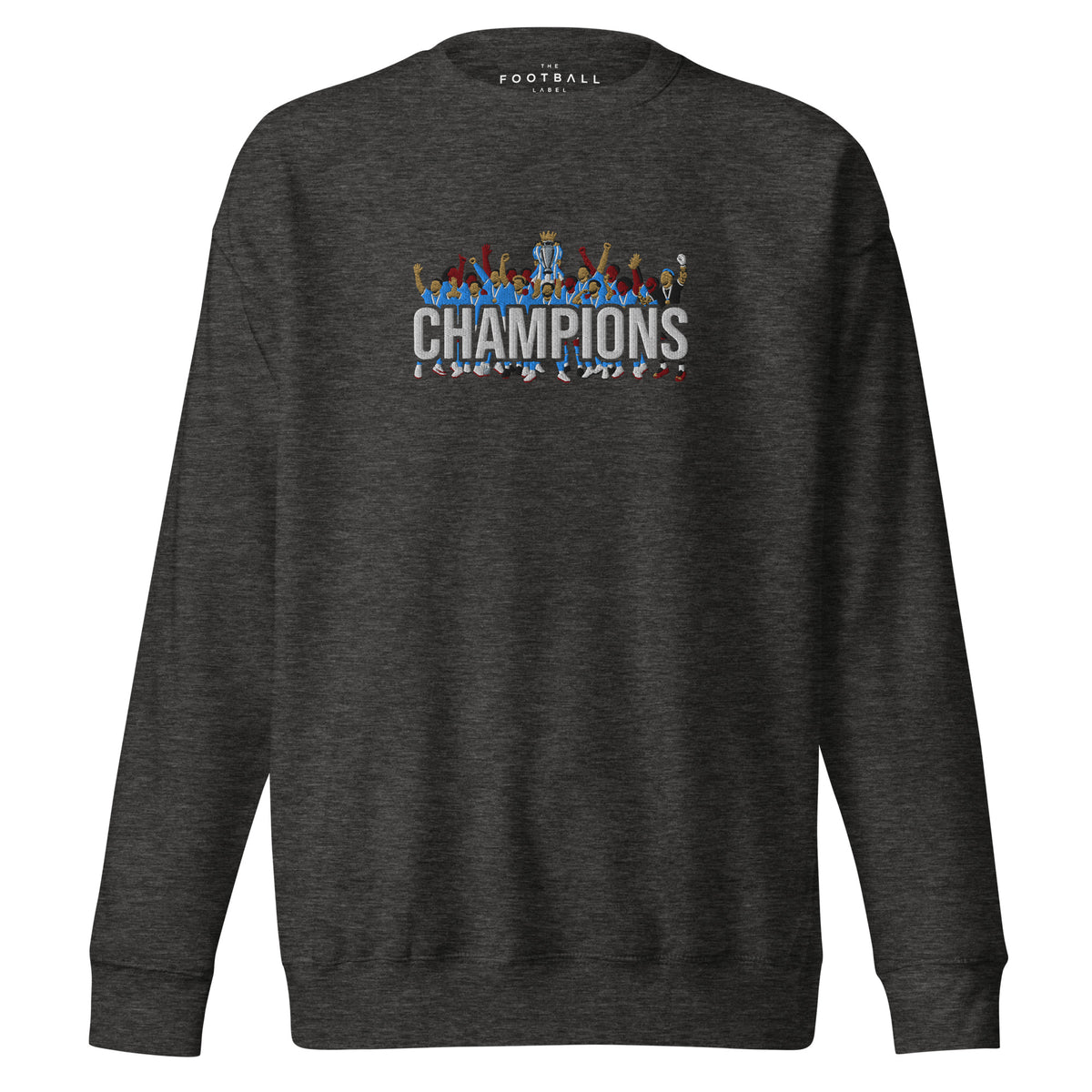 Manchester City-inspired charcoal heather sweatshirt with trophy-lift embroidery and CHAMPIONS lettering
