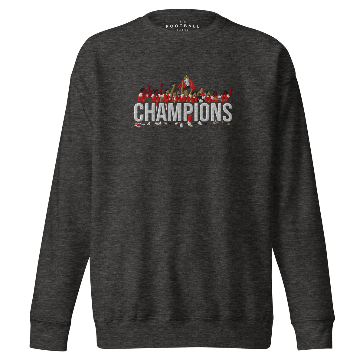 Arsenal-inspired charcoal heather sweatshirt with trophy-lift embroidery and CHAMPIONS lettering