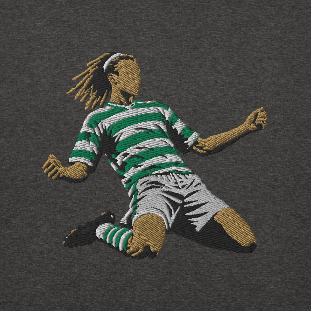 Henrik Larsson inspired Celtic embroidered football sweatshirt in charcoal heather, front view