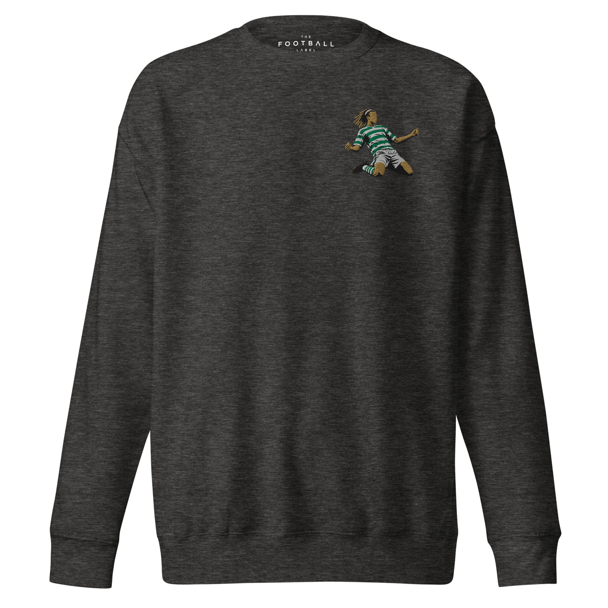Henrik Larsson inspired Celtic embroidered football sweatshirt in charcoal heather, front view alternate mockup