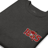 Close-up of Nottingham 1865 retro embroidery on charcoal heather sweatshirt