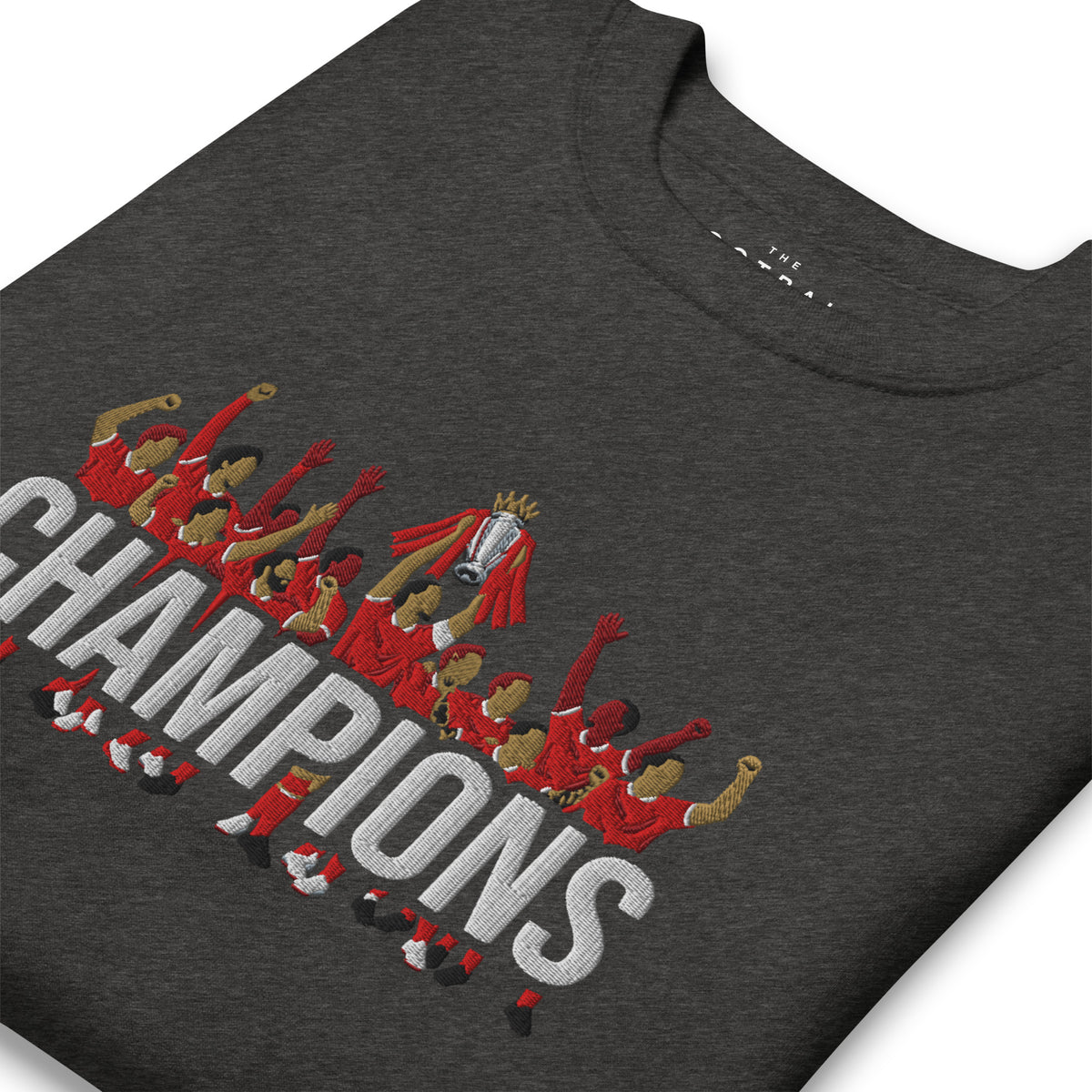 Liverpool-inspired charcoal heather sweatshirt with trophy-lift embroidery and CHAMPIONS lettering