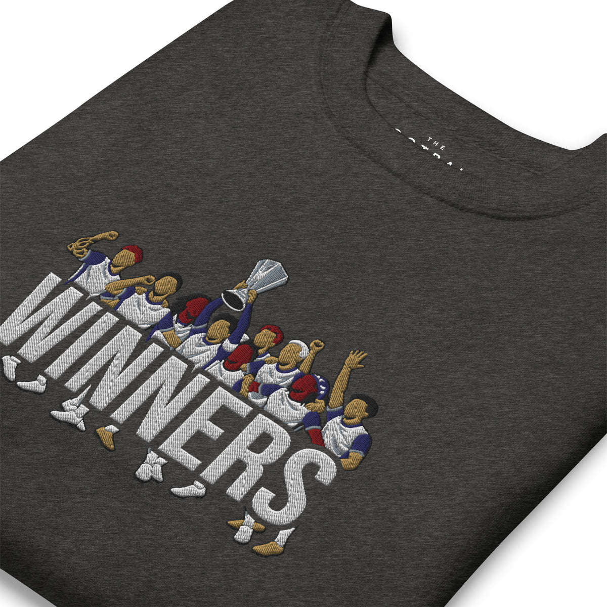 Tottenham Hotspur-inspired charcoal heather sweatshirt with trophy-lift embroidery and WINNERS lettering
