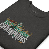 Celtic-inspired charcoal heather sweatshirt with trophy-lift embroidery and CHAMPIONS lettering