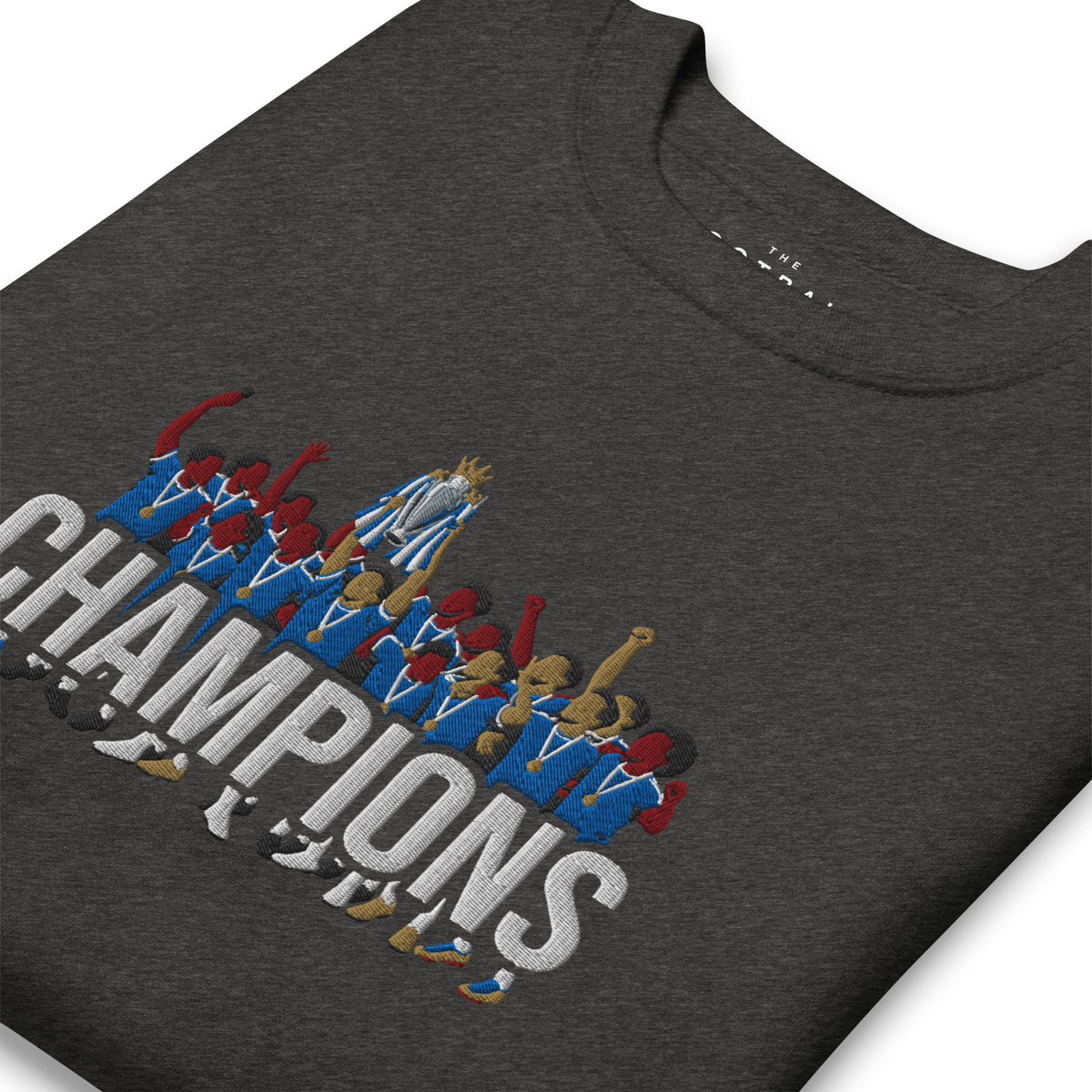 Chelsea-inspired charcoal heather sweatshirt with trophy-lift embroidery and CHAMPIONS lettering