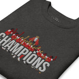 Arsenal-inspired charcoal heather sweatshirt with trophy-lift embroidery and CHAMPIONS lettering