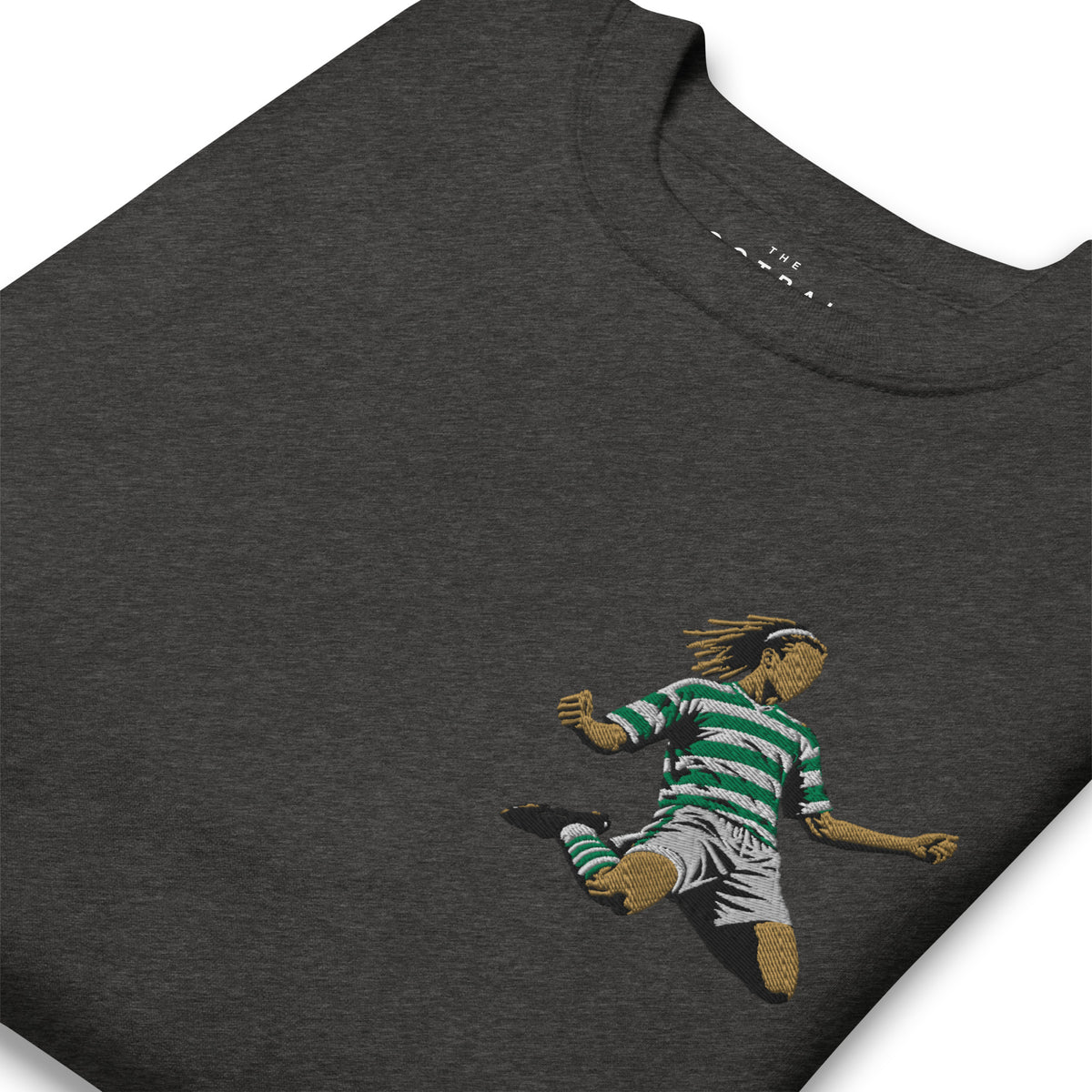 Henrik Larsson inspired Celtic embroidered football sweatshirt in charcoal heather, close-up embroidery detail