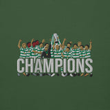 Embroidery close-up of Celtic-inspired forest green sweatshirt with trophy-lift embroidery and CHAMPIONS lettering