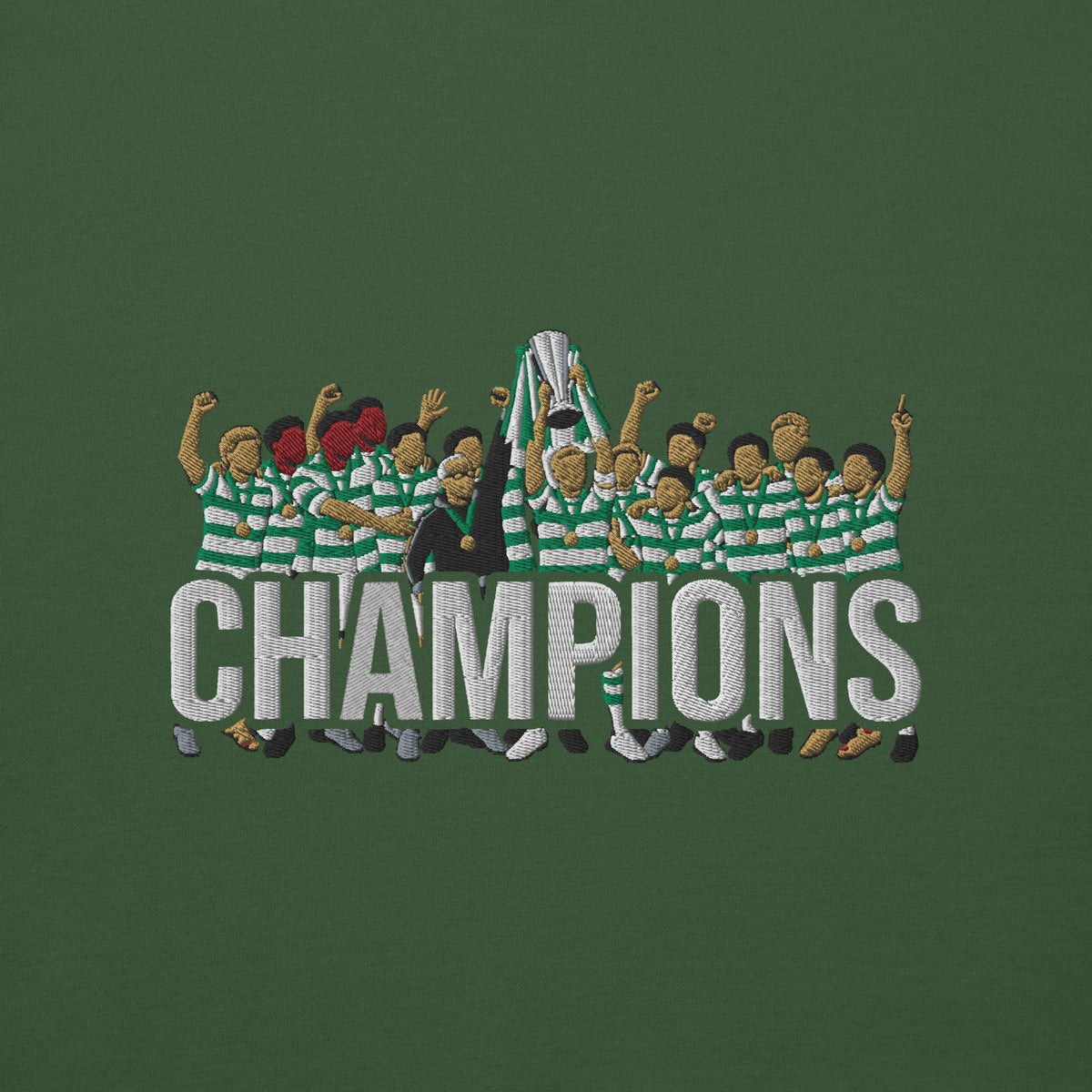 Embroidery close-up of Celtic-inspired forest green sweatshirt with trophy-lift embroidery and CHAMPIONS lettering