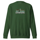 Full front view of Celtic-inspired forest green sweatshirt with trophy-lift embroidery and CHAMPIONS lettering