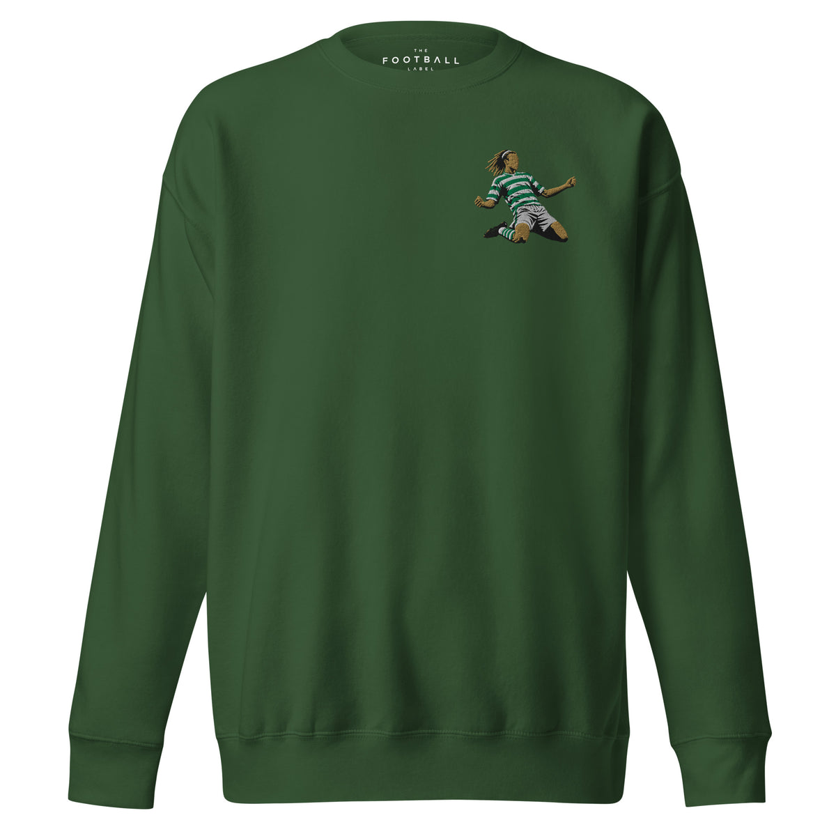 Henrik Larsson inspired Celtic embroidered football sweatshirt in forest green, front view alternate mockup