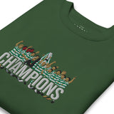 Folded angled view of Celtic-inspired forest green sweatshirt with trophy-lift embroidery and CHAMPIONS lettering