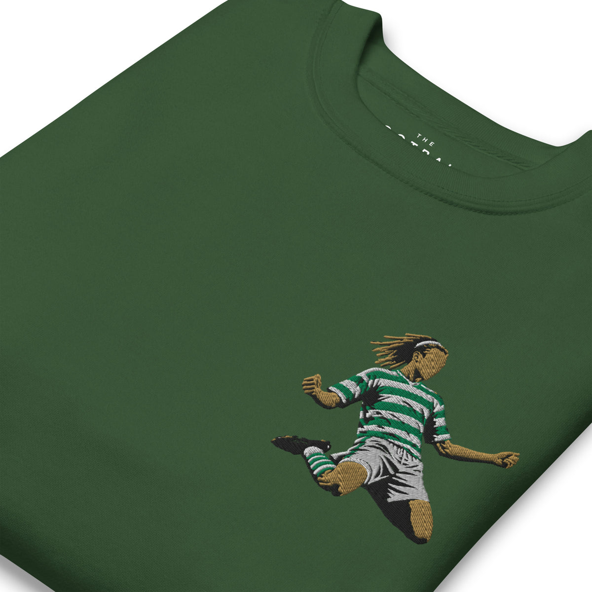 Henrik Larsson inspired Celtic embroidered football sweatshirt in forest green, close-up embroidery detail