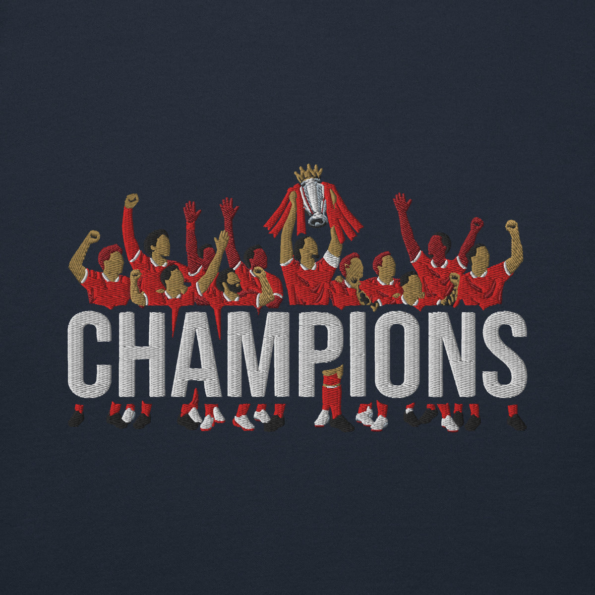 Liverpool-inspired navy blazer sweatshirt with trophy-lift embroidery and CHAMPIONS lettering