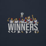 Embroidery close-up of Tottenham Hotspur-inspired navy blazer sweatshirt with trophy-lift embroidery and WINNERS lettering