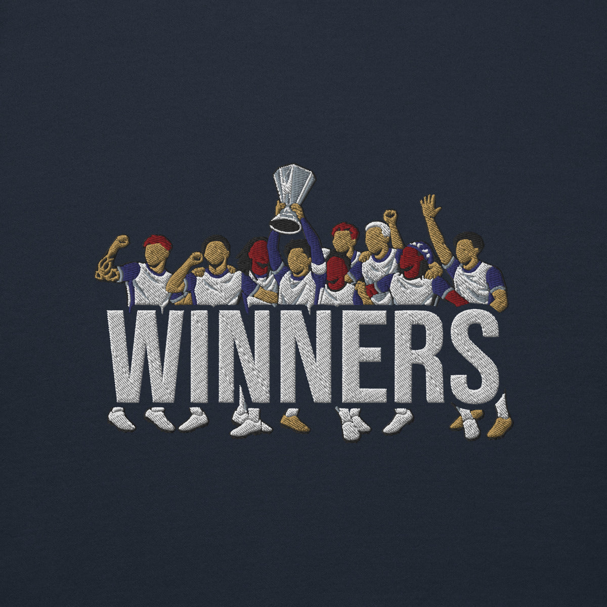 Embroidery close-up of Tottenham Hotspur-inspired navy blazer sweatshirt with trophy-lift embroidery and WINNERS lettering