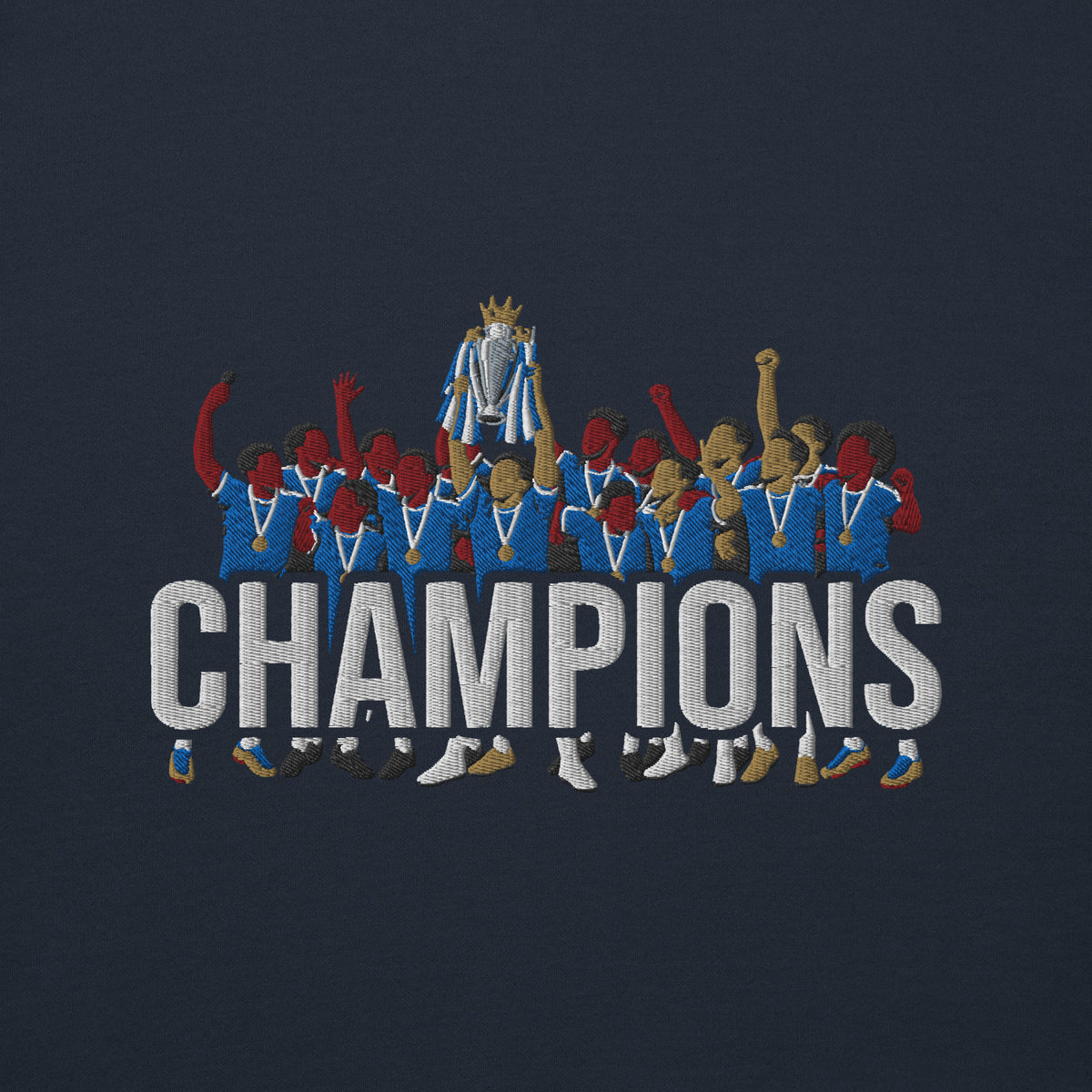 Embroidery close-up of Chelsea-inspired navy blazer sweatshirt with trophy-lift embroidery and CHAMPIONS lettering