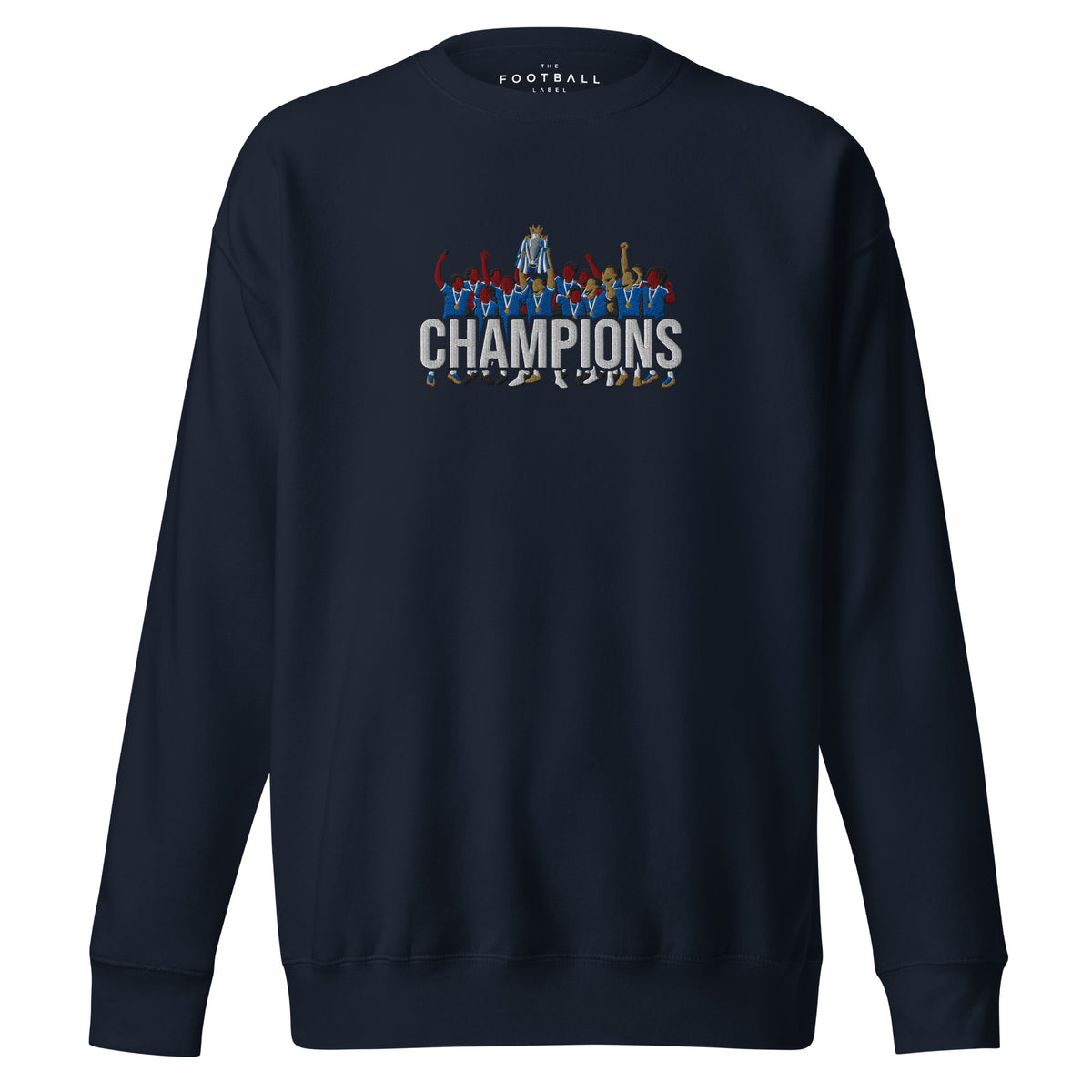 Full front view of Chelsea-inspired navy blazer sweatshirt with trophy-lift embroidery and CHAMPIONS lettering