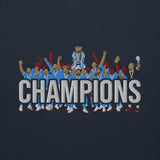 Embroidery close-up of Manchester City-inspired navy blazer sweatshirt with trophy-lift embroidery and CHAMPIONS lettering