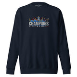 Full front view of Manchester City-inspired navy blazer sweatshirt with trophy-lift embroidery and CHAMPIONS lettering