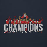 Arsenal-inspired navy blazer sweatshirt with trophy-lift embroidery and CHAMPIONS lettering