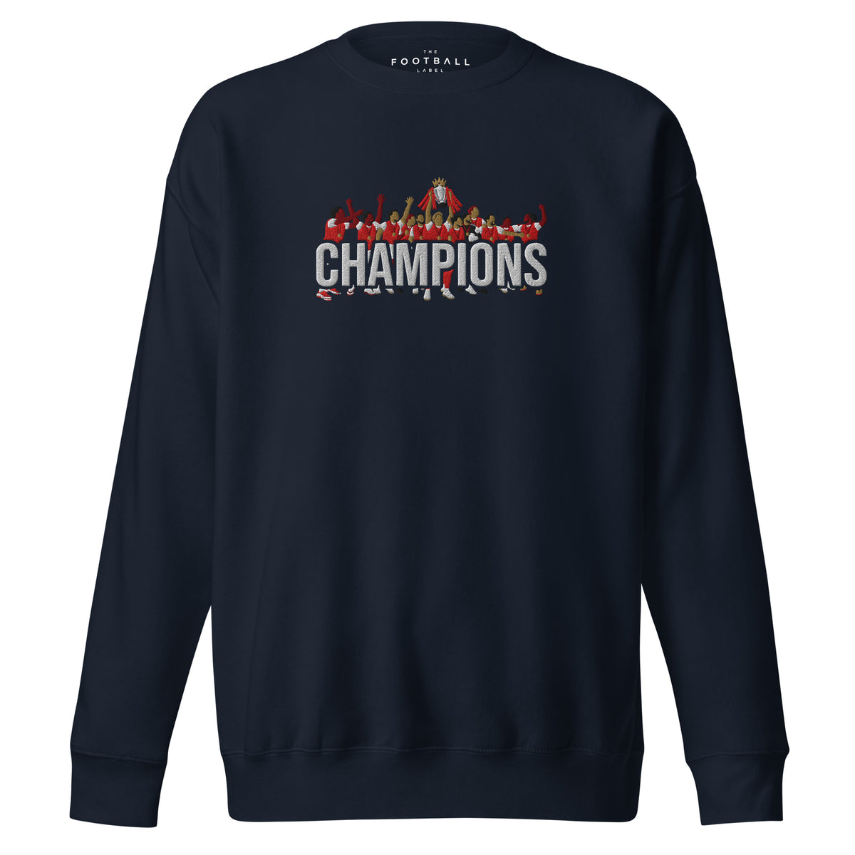 Arsenal-inspired navy blazer sweatshirt with trophy-lift embroidery and CHAMPIONS lettering