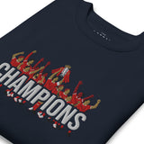 Liverpool-inspired navy blazer sweatshirt with trophy-lift embroidery and CHAMPIONS lettering
