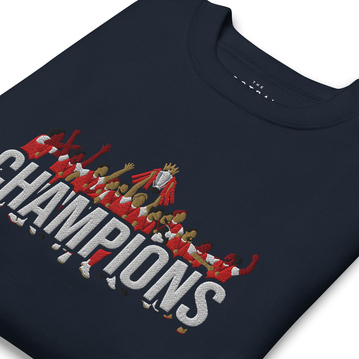 Arsenal-inspired navy blazer sweatshirt with trophy-lift embroidery and CHAMPIONS lettering