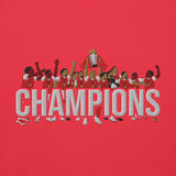 Arsenal-inspired team red sweatshirt with trophy-lift embroidery and CHAMPIONS lettering